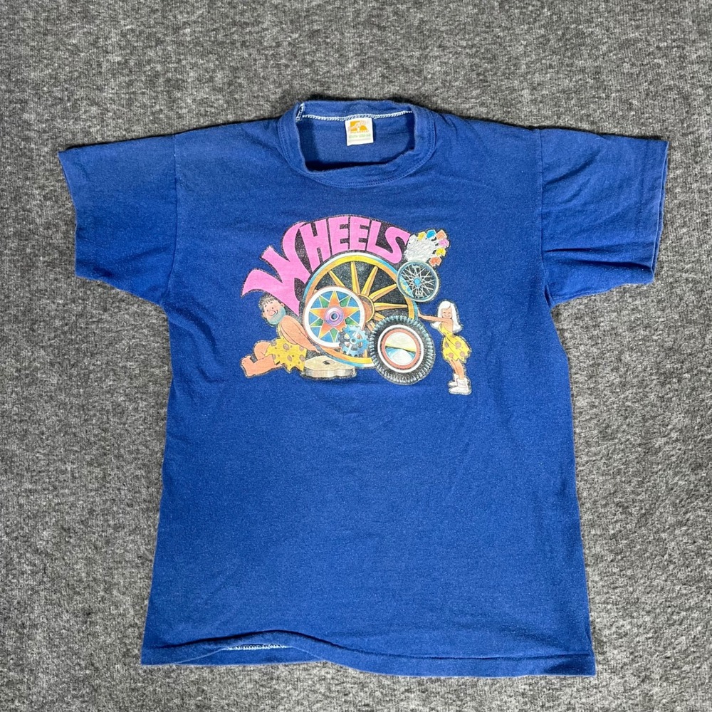 Vintage 70s Russell Wheels Graphic T-Shirt Blue Youth L Single Stitch